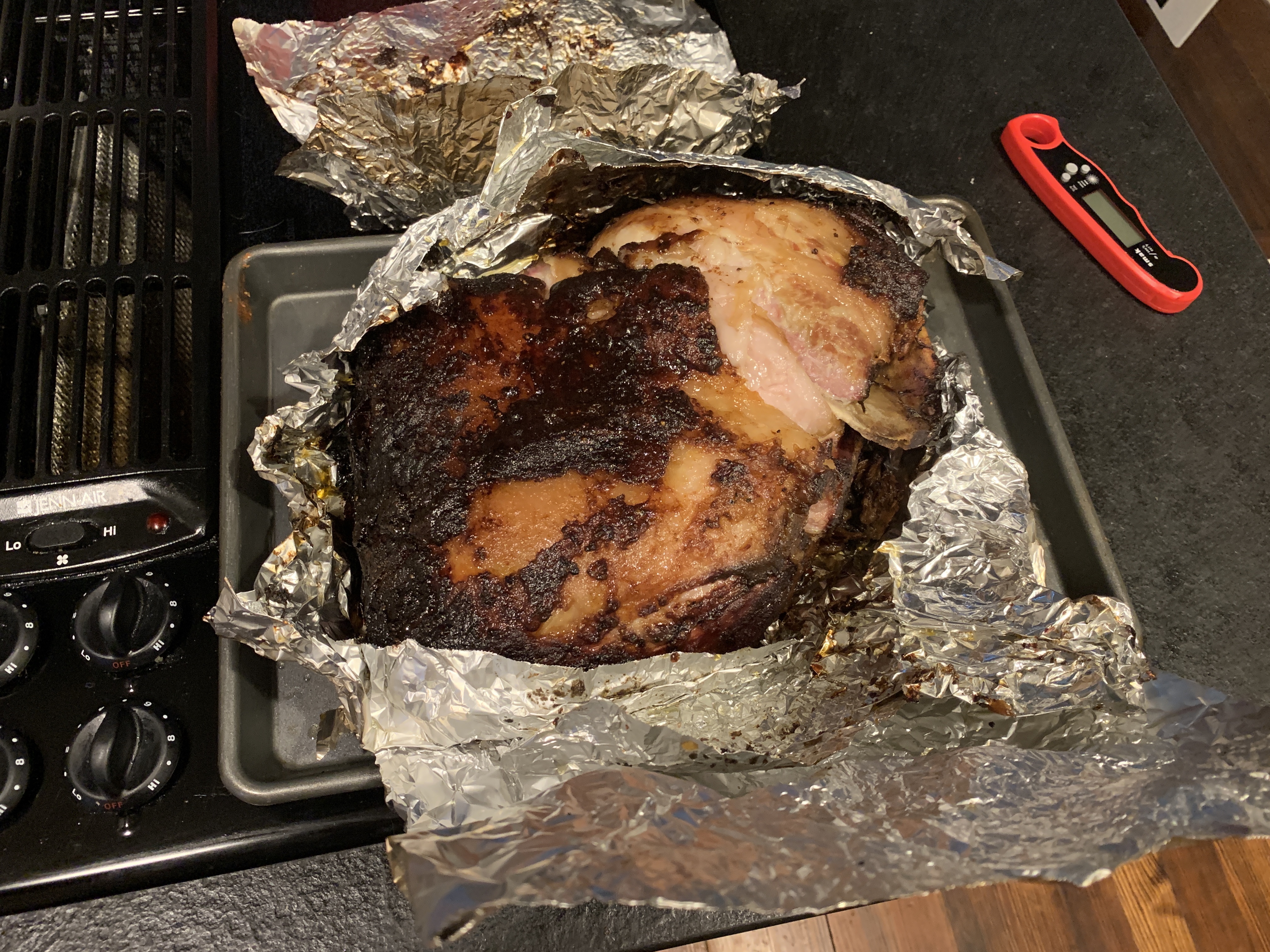 Pork shoulder finished and the foil opened.