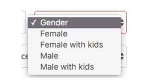 A screenshot of a website with a form field for "Gender" and dropdown options for "Female", "Female with kids", "Male", "Male with kids"