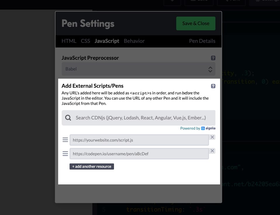 Screenshot of the JS admin panel for Codepen where to enter your URL
