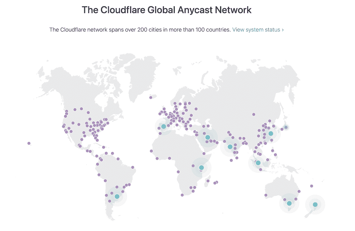 A screenshot from Cloudflare website with a world map showing locations of Cloudflare Network Datacenters