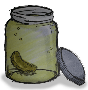 Illustration of a jar with a pickle in it.