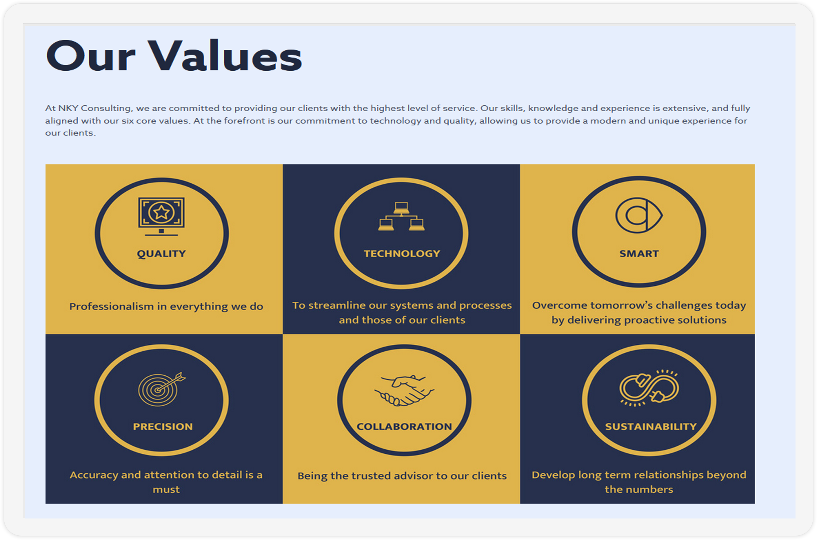 The Our Values section of the NKY Consulting website showcased on a screen