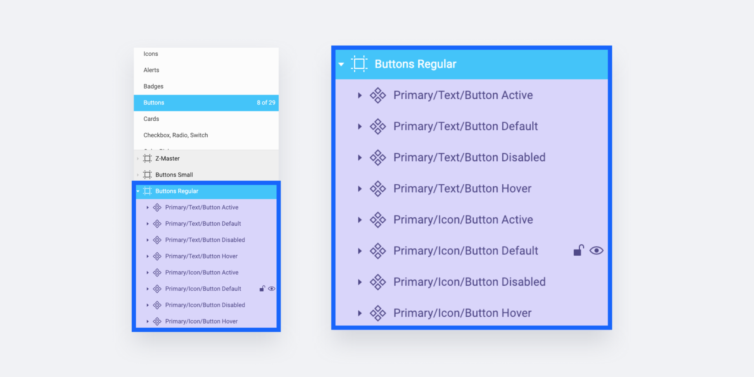 Showing the main page named 'Buttons', the frame named 'Buttons Regular' and the layer named 'Primary/Text/Button Hover' as example of the possible structures.