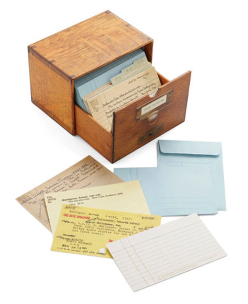 card catalog note cards and wooden storage box