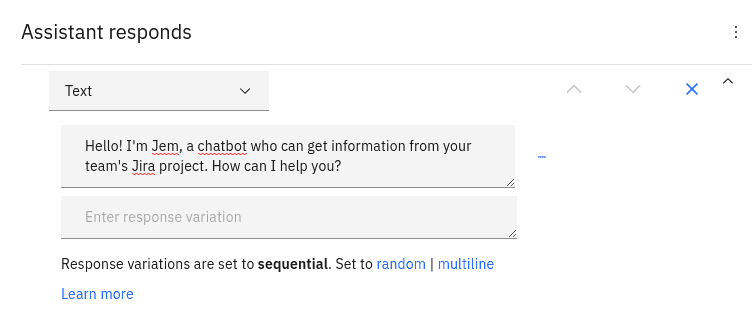 Adding response text to a node in IBM Watson Assistant