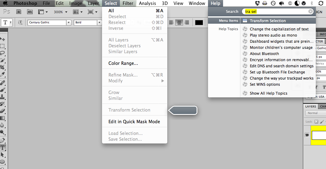 transform Selection appearing in the Photoshop help menu
