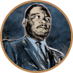 An artist's rendering of Martin Luther King, Jr. He's wearing a blue suit and tie, against a blue background.