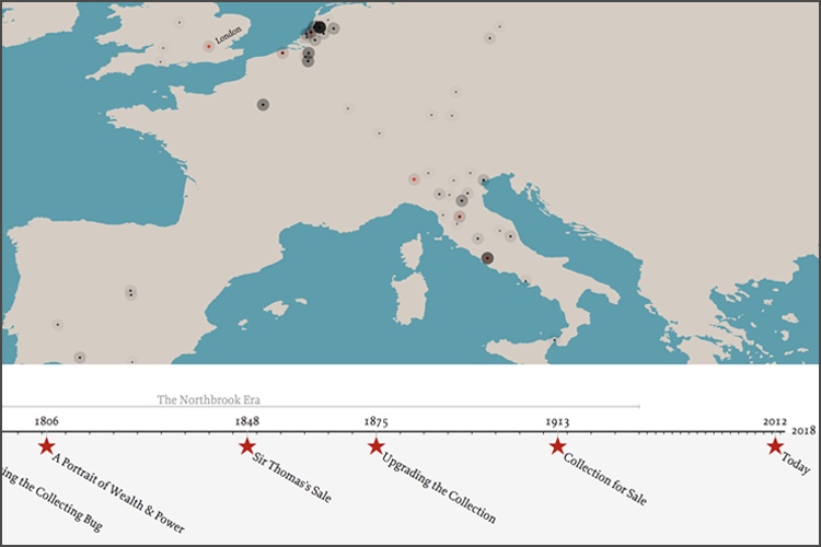 Data visualization with map of Europe and a timeline of key events starred along the bottom edge