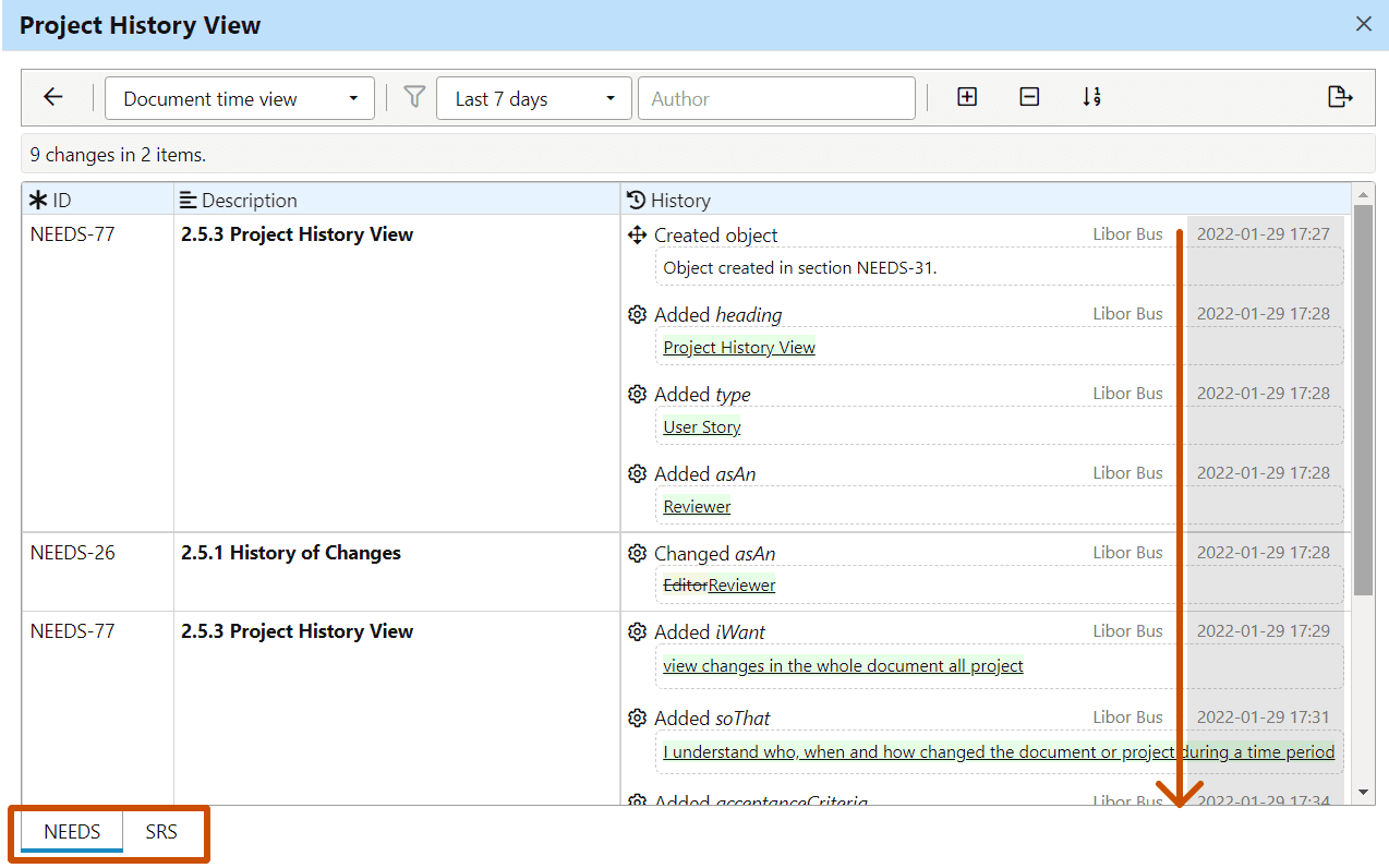 Document Time View in ReqView displaying requirements changes ordered by time