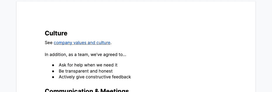 Culture section from a working agreement of a product team Culture section from a working agreement of a product team