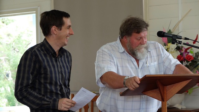 Rev. Saunders being interviewed by Rev. Wal Brown (Bundaberg Presbyterian Church)