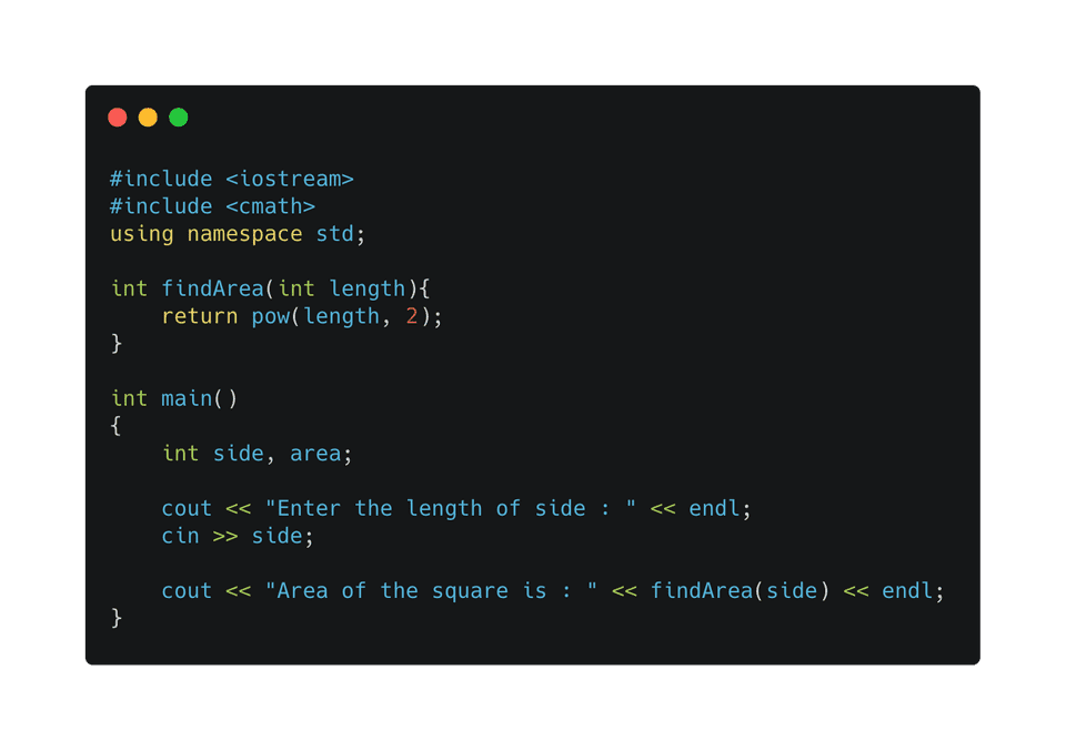 C++ program to find the area of a square using three different methods ...
