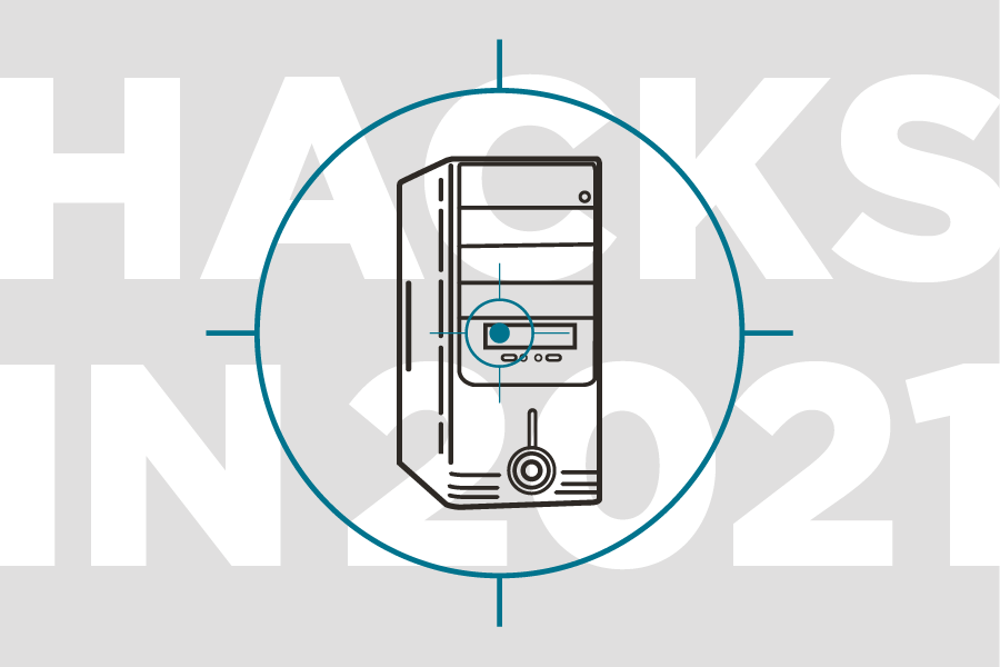 Illustration of crosshairs over a computer server with the text "Hacks in 2021"