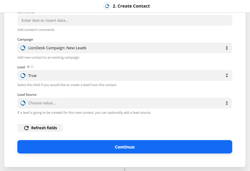 Customize contact details to send to LionDesk