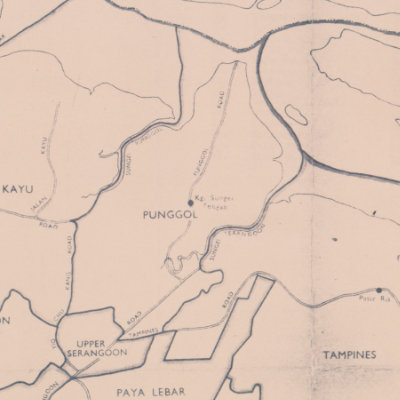 A map showing the electoral boundaries of Punggol constituency for the 1959 General Election. The boundaries of Punggol stretch from Punggol Point to Upper Serangoon along the Punggol and Serangoon Rivers, and Yio Chu Kang and Tampines Roads.