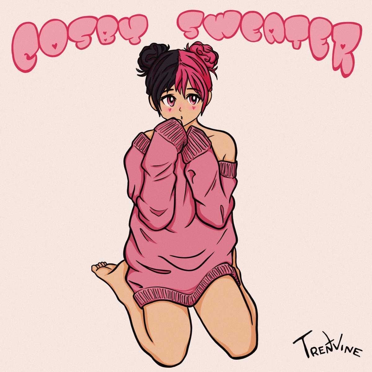 Album art of an anime girl with black & pink hair, wearing just a loose fitting pink sweater