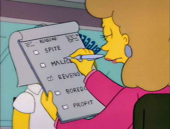 Screenshot from The Simpsons Season 4 Episode 14 of list of reasosn to adobe a little brother, including spite, malice, revenge, and profit