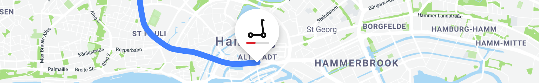 Map overview of Hamburg with a point of interest displaying a kickscooter icon which is low in battery charge.