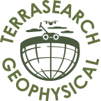 Circular Terrasearch Geophysical Logo. A globe with a man operating a ground penetrating radar and a UAV drone.