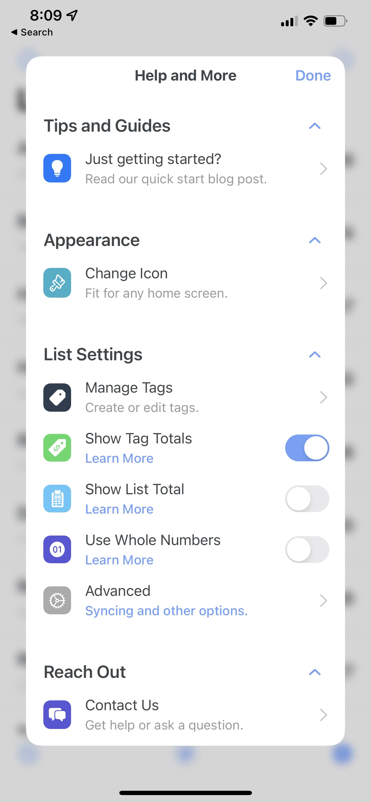 Spend Stack help menu on iOS.