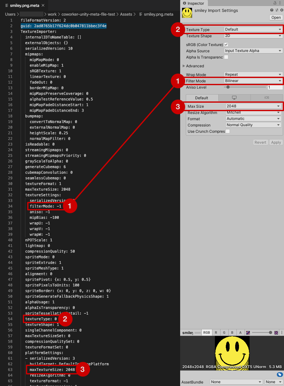 Diagram showing equivalence between a Unity Asset's properties in the Inspector window and lines in its meta file