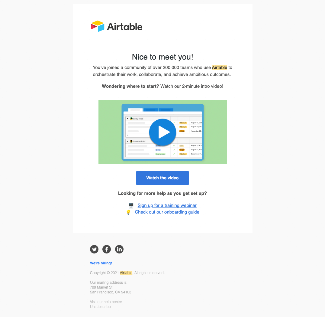 SaaS Welcome Email: Welcome email from Airtable