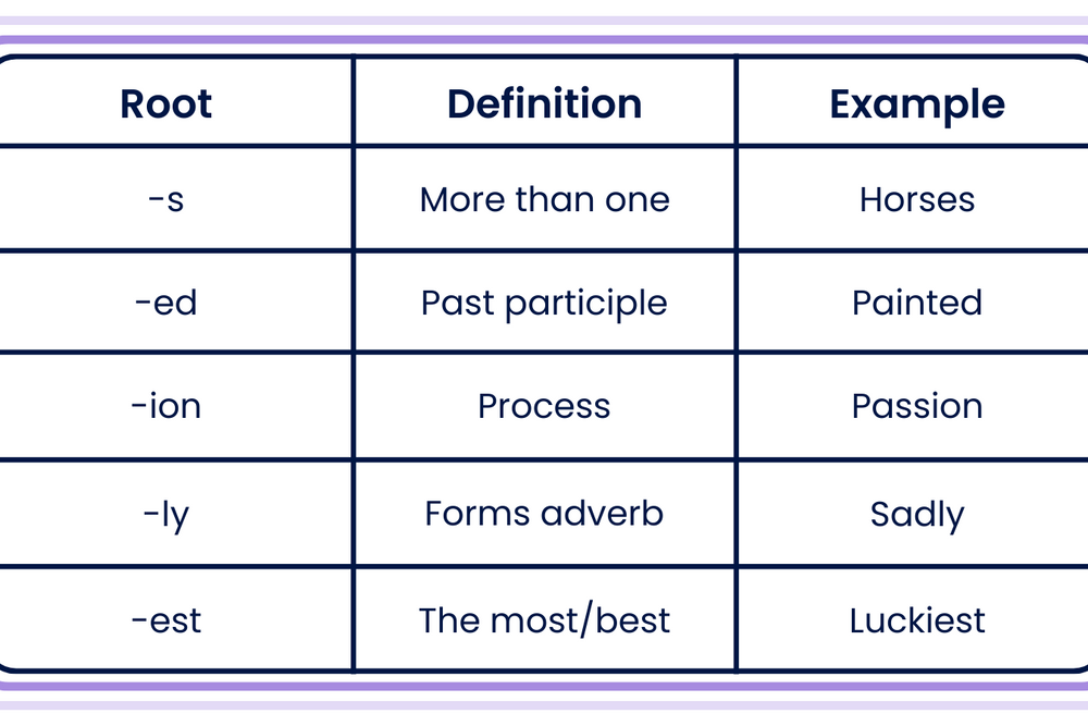 Table showing common examples of suffixes