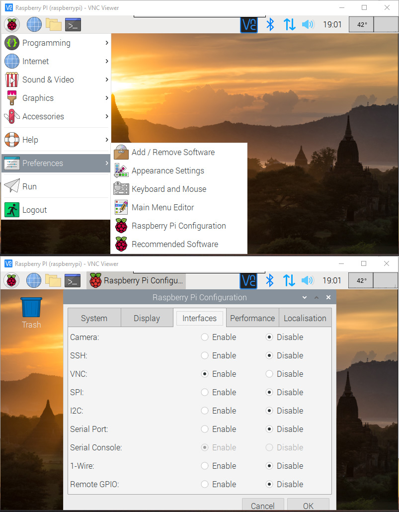 Top screenshot is the Pi Preferences menu; Bottom screenshot depicts the Pi Preferences Interfaces tab
