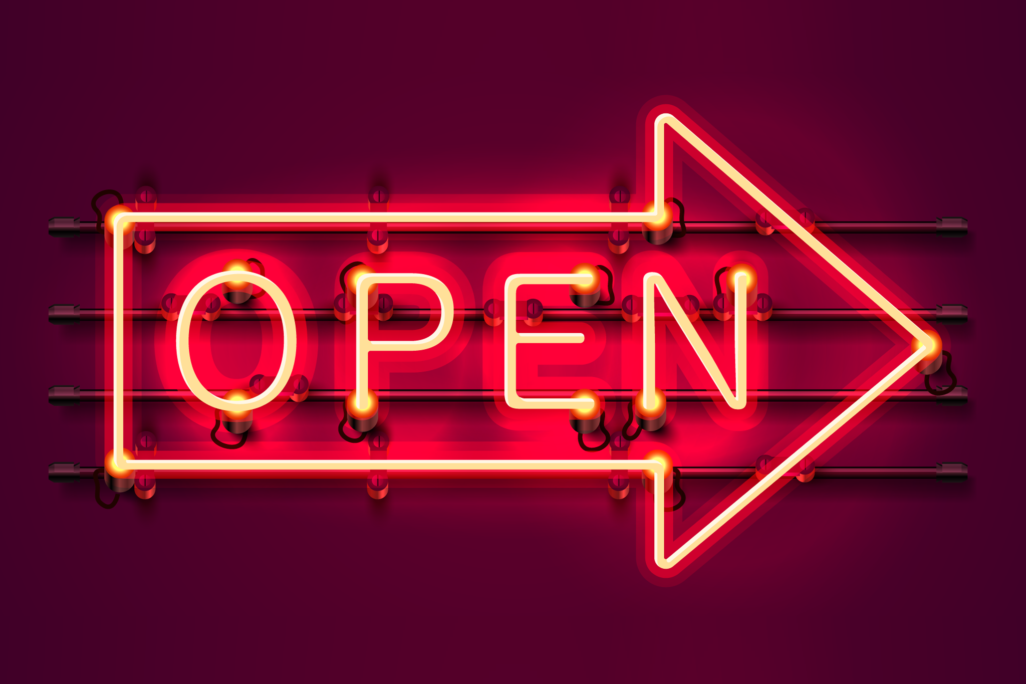 Neon sign with text open arrow