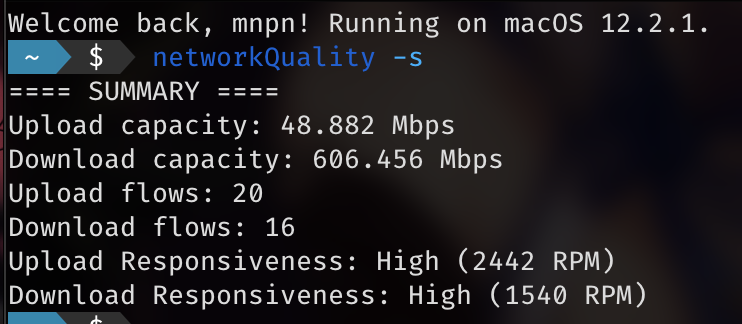 Terminal displaying a network speed of 600 Mbps from a networkQuality test