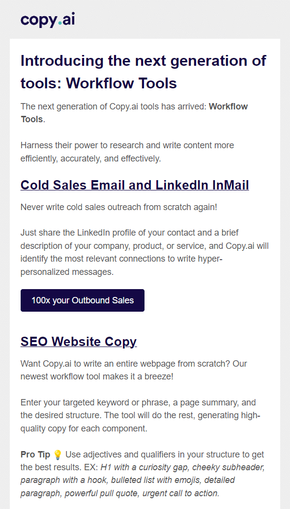 Email Writing Style: Screenshot of Copy.ai's email