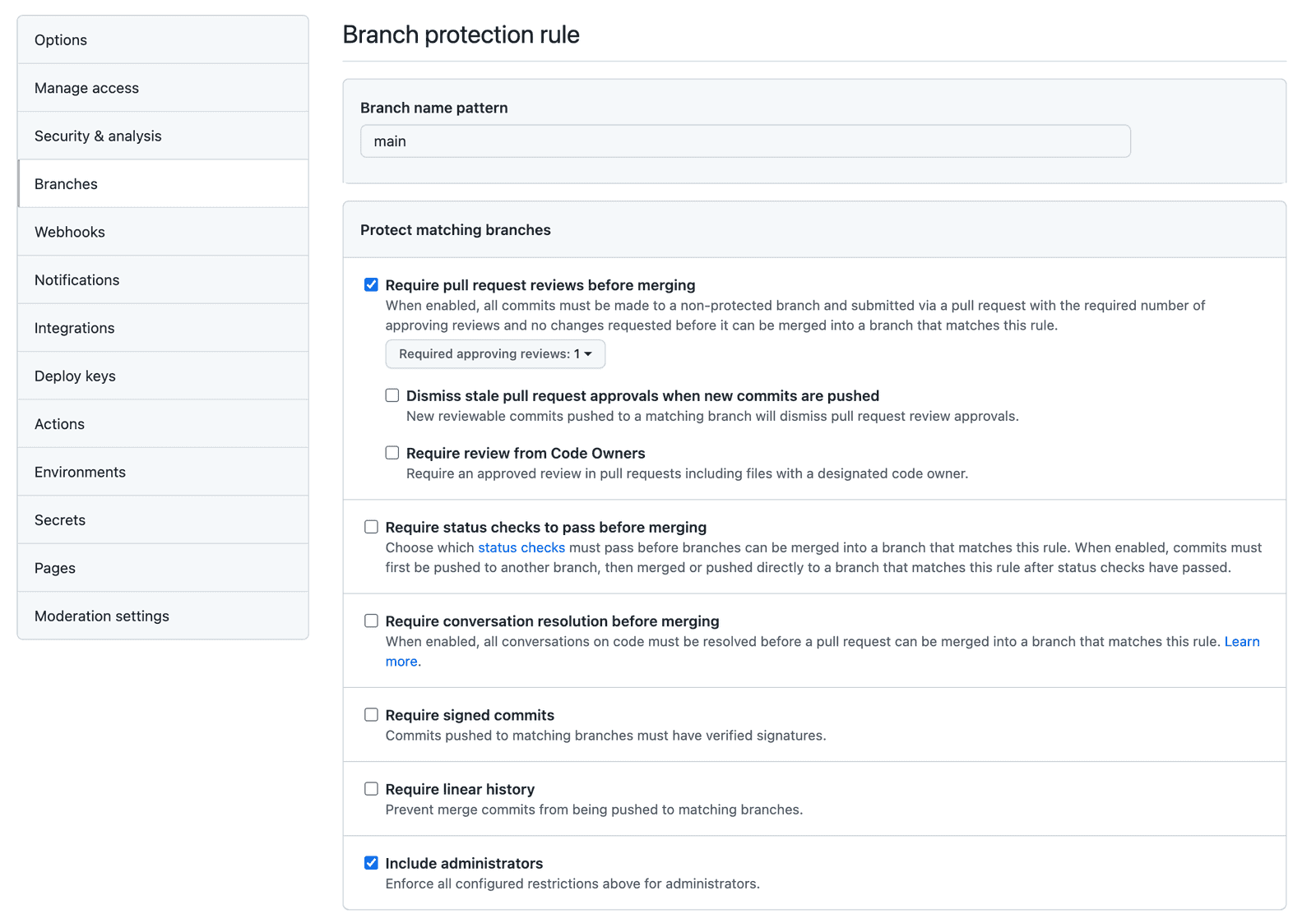 Enabling branch protection rules in Github