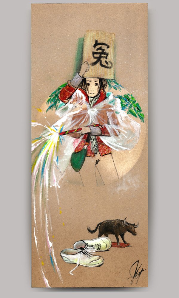 An acrylic painting on wood panel, titled 'I Am Not Pan Jinlian', of a pantless woman holding a cardboard sign above her head showing the Chinese character for 'Injustice'. Her left hand has a sparking roman candle falling down to a pair of white sneakers and a bull statue.