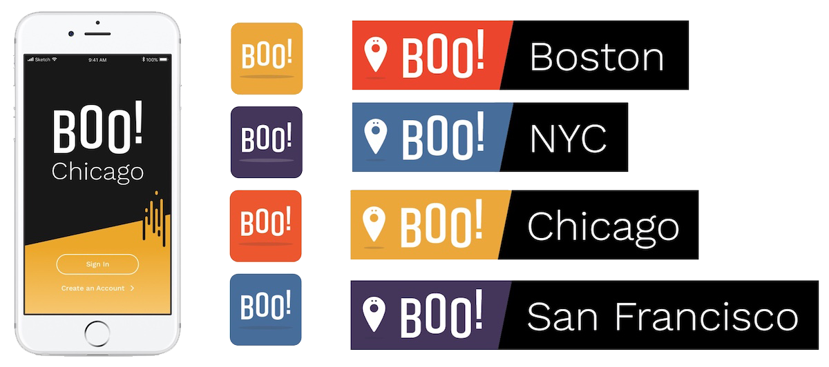 Multiple variations of the Boo! Boston wordmark and app icon to showcase how the brand could be applied to a variety of cities.