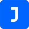 Jellyfish's logo, it is a big white 'J' and a blue Background