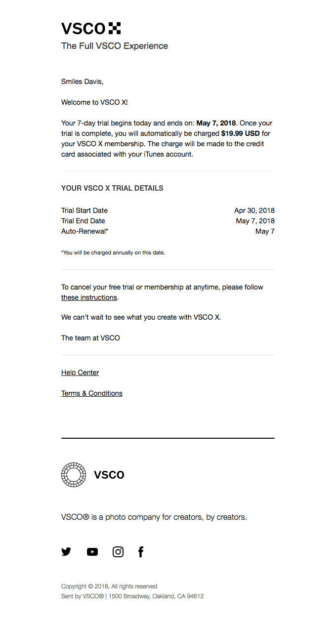 SaaS Trial Expiration Emails: Screenshot of trial expiration email from VSCO
