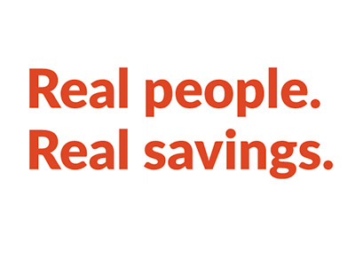 a red headline that says Real people. Real savings