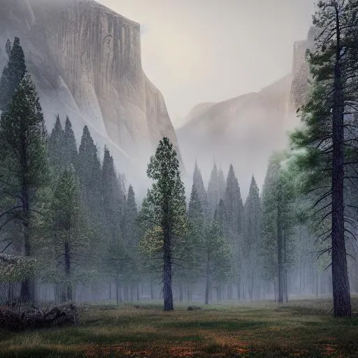 A gloomy National Geographic photograph of Yosemite mountain scenery full of trees, forest, photorealistic, foggy, warm, summer