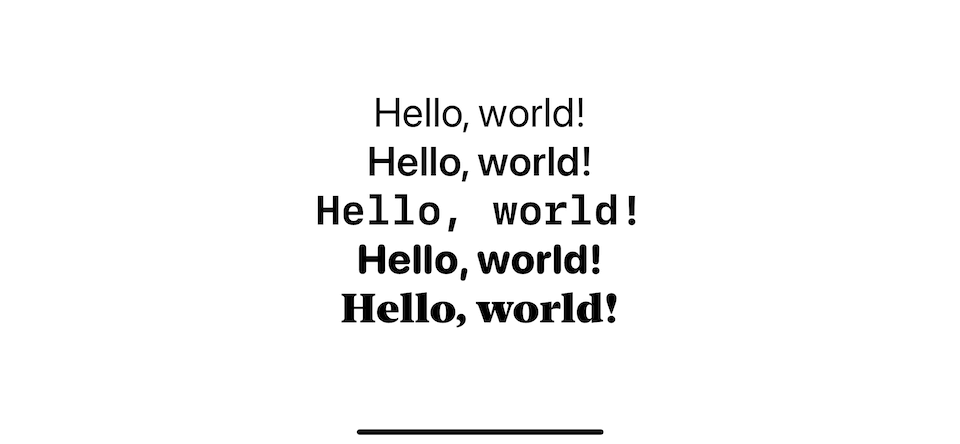 Default style, semibold weight, bold weight with monospaced design, heavy weight with rounded design, and black weight with serif design.