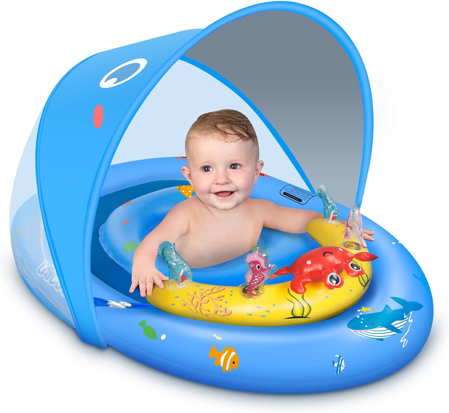 bebe en flotador con viseta protectora solar