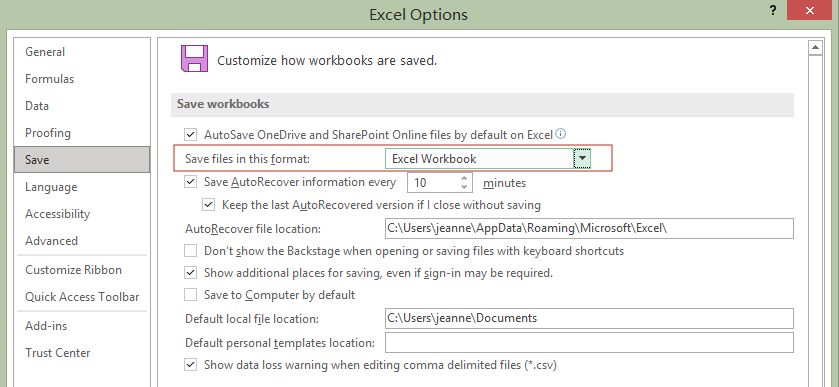 customize how workbooks are saved in excel setting