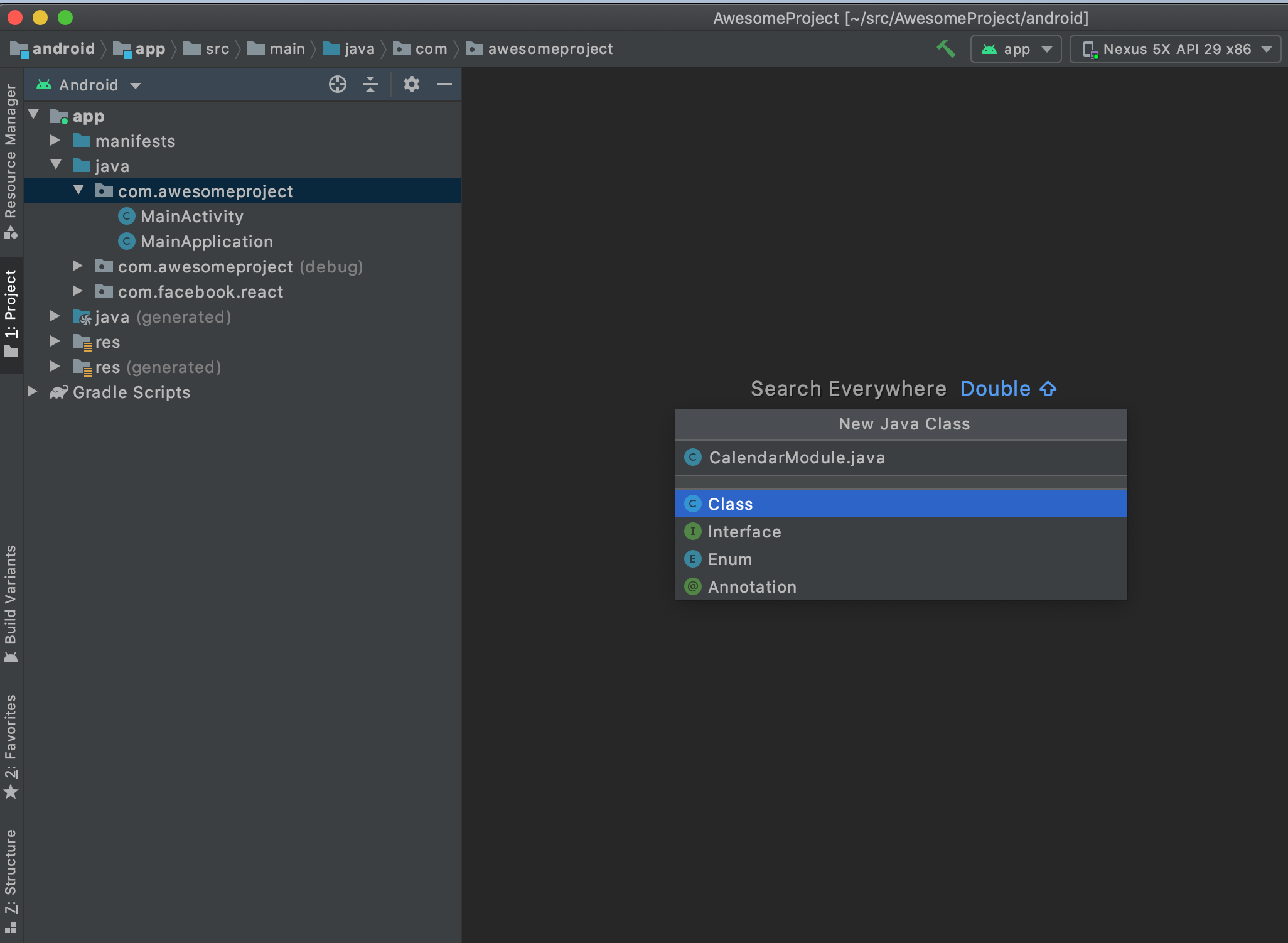 Image of adding a class called CalendarModule.java within the Android Studio.