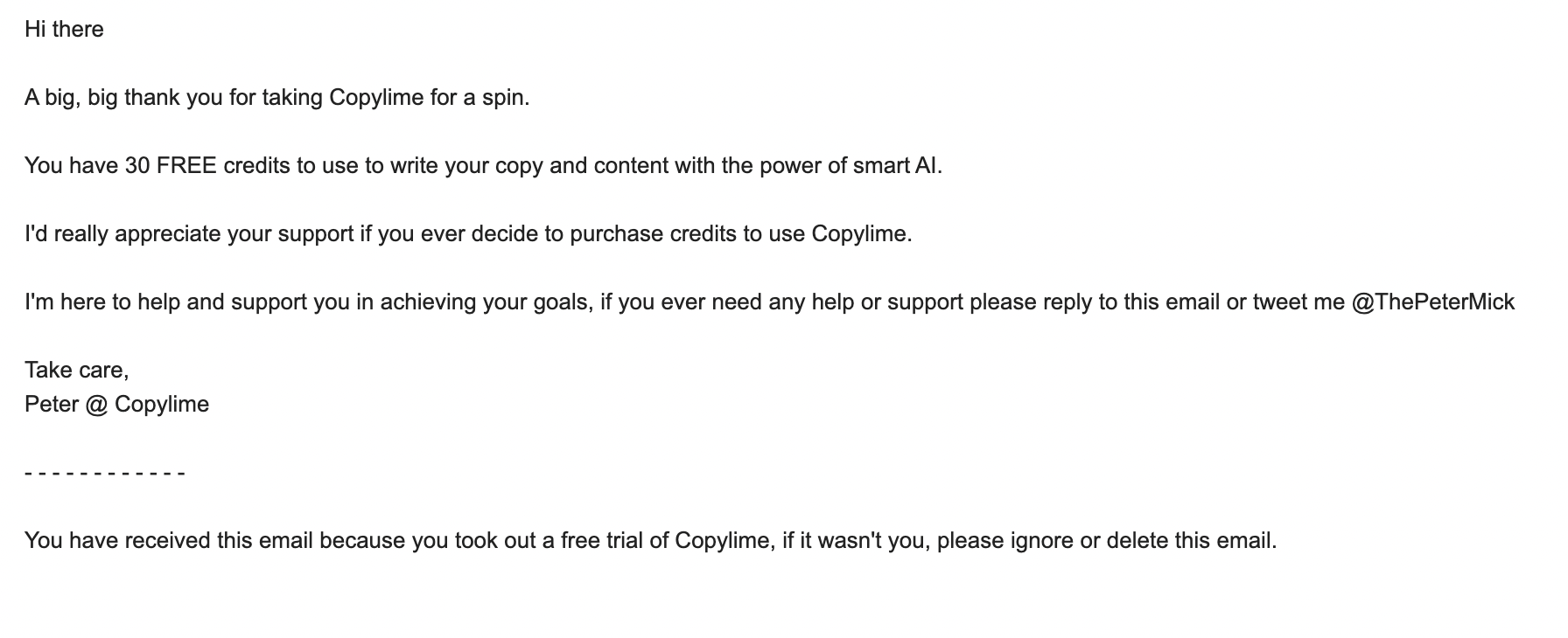 SaaS Plain Text Emails: Screenshot of Copylime's plain text email