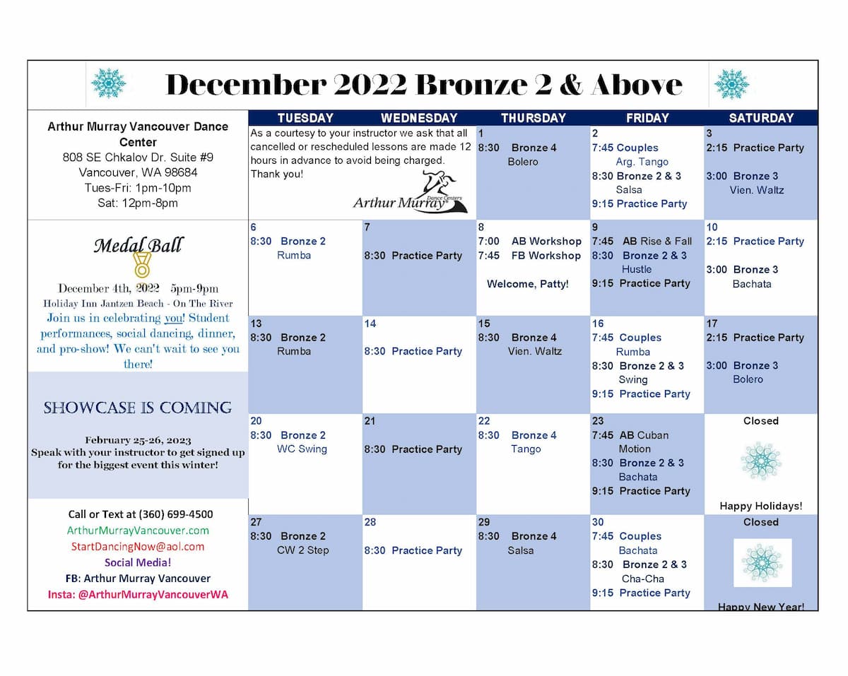 Arthur Murray Vancouver Advanced Group Class Calendar