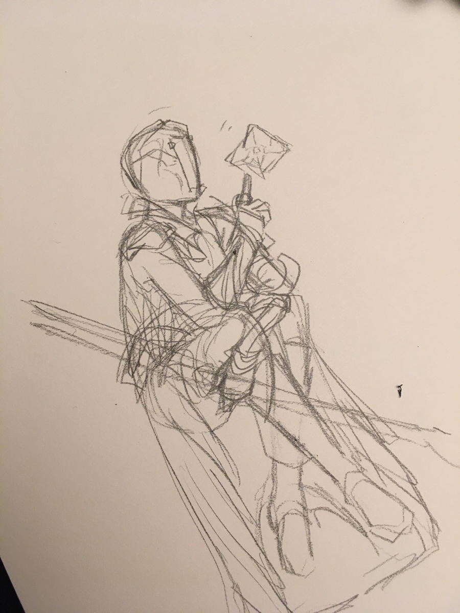 Pencil sketch, sitting and holding a big bow.