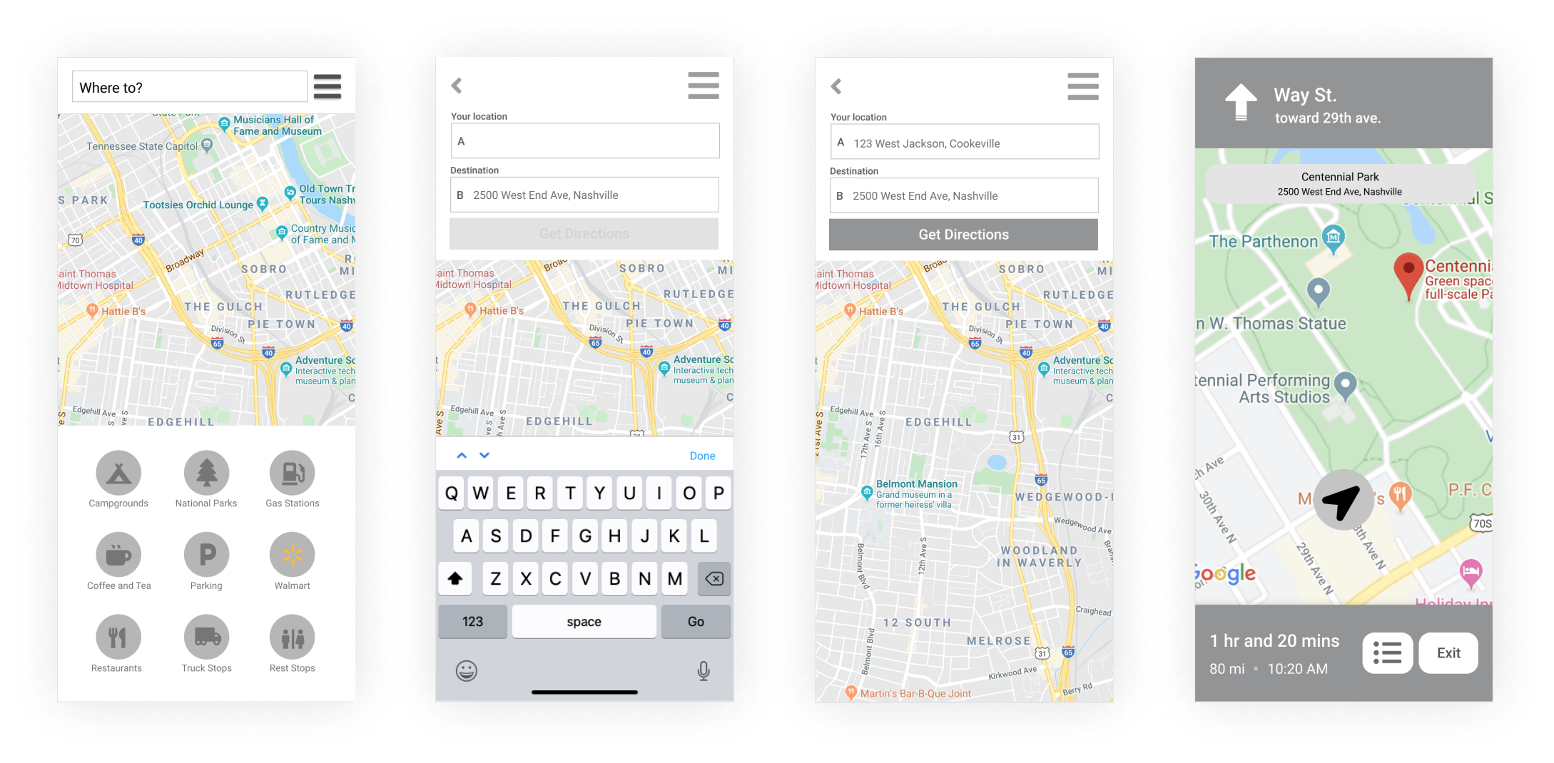 Mobile screens of low-fidelity wireframes