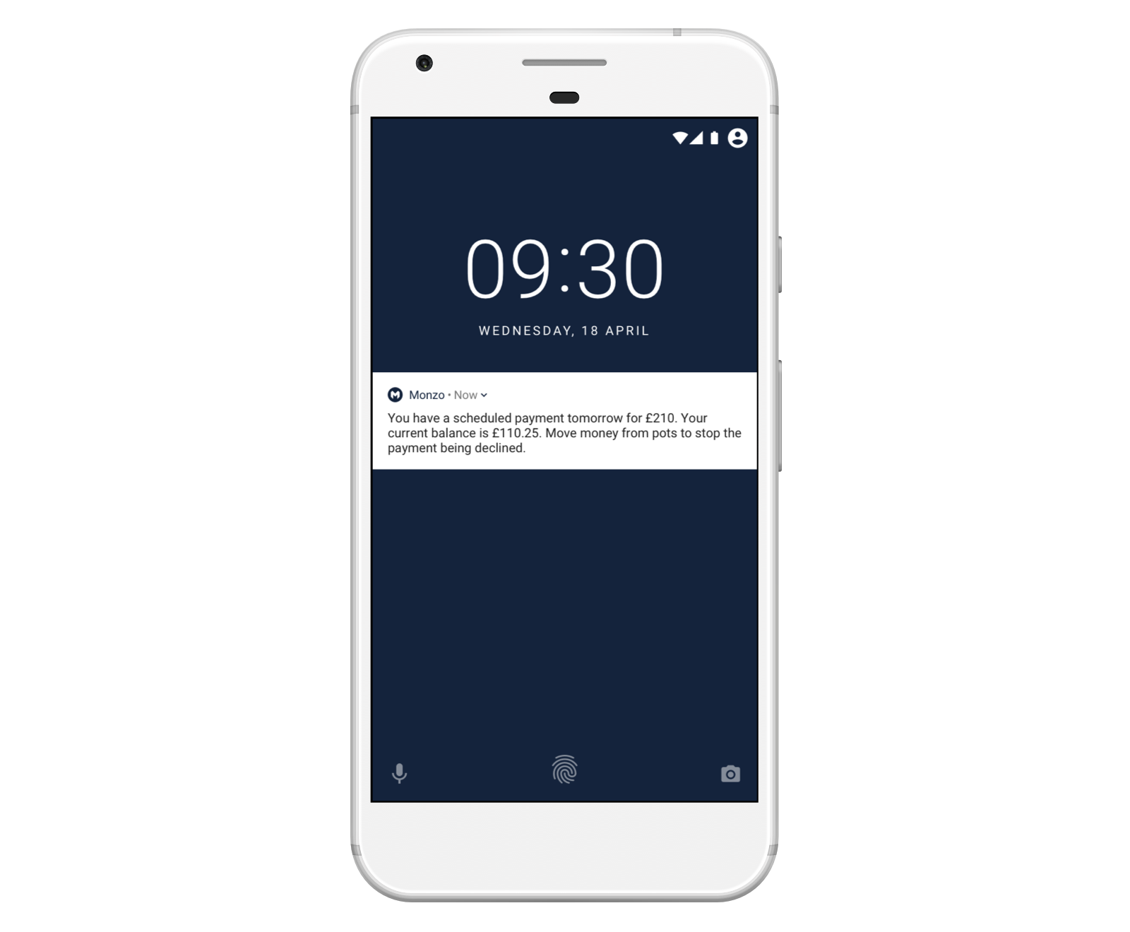 Screen showing a notification informing a user that a scheduled payment will be declined because it will take them beyond their limit