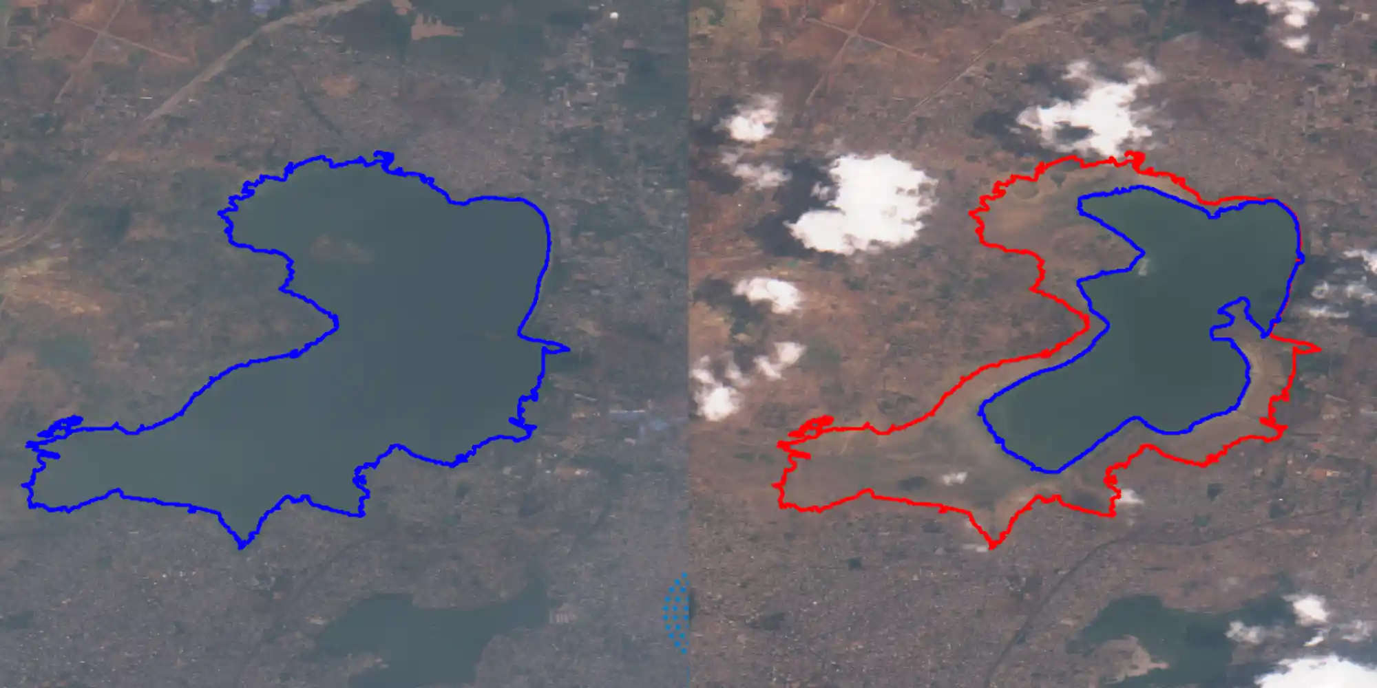 The image on the left shows Red Hills Reservoir as on 5th June 2016, whereas the image on the right shows the same reservoir on 1st May 2017, where water surface levels have significantly dipped