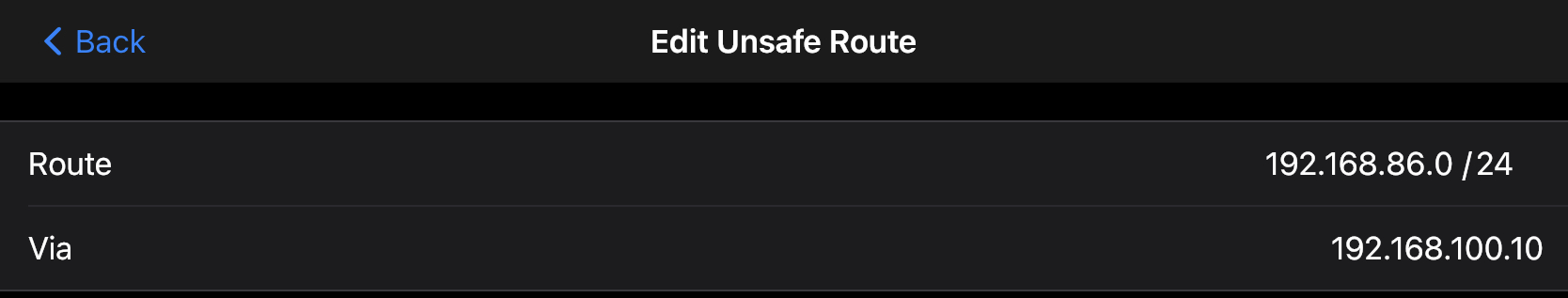 Screenshot of editing an Unsafe Route in Mobile Nebula