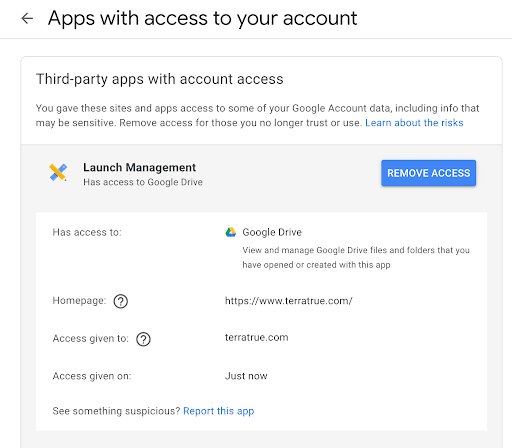 Launch Management permission's overview for Google Drive. 